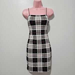 Bear Dance - Dress Plaid Bodycon Spaghetti Straps - Size L - Black White Red